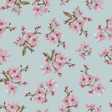 Sakura önümüzdeki Seamless modeli üzerinde mavi arka plan izole. Pembe bahar çiçek anlaşmak arka plan, baskı ve Tekstil.