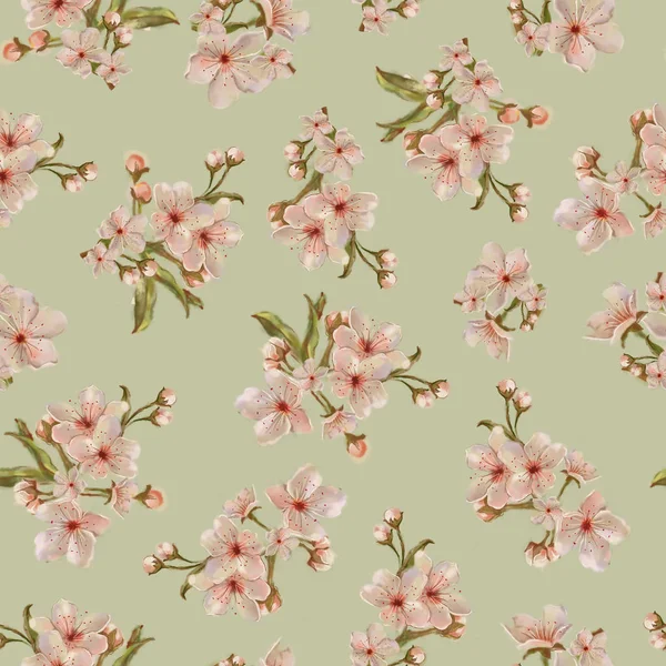 Peach Inflorescence Seamless Pattern Green Background Sprinf Floral Rapport Background — Stock Photo, Image