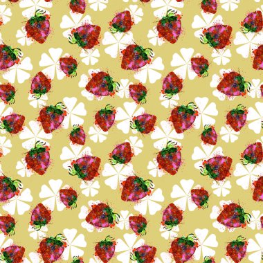 Yaz meyveler ve çiçekler Seamless Modeli güneşli arka plan üzerinde. Arka plan, baskı ve Tekstil için sorunsuz uyum tasarım. Çilek ve çiçek tasarım duvar kağıdı, hediye paketi ve moda.