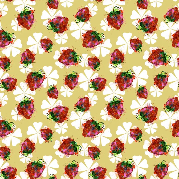 Summer Berries and Flowers Seamless Pattern on Sunny Background. Seamless Rapport Design for Background, Print, and Textile. Strawberries and Flowers Design for Wallpaper, Gift Wrap, and Fashion.