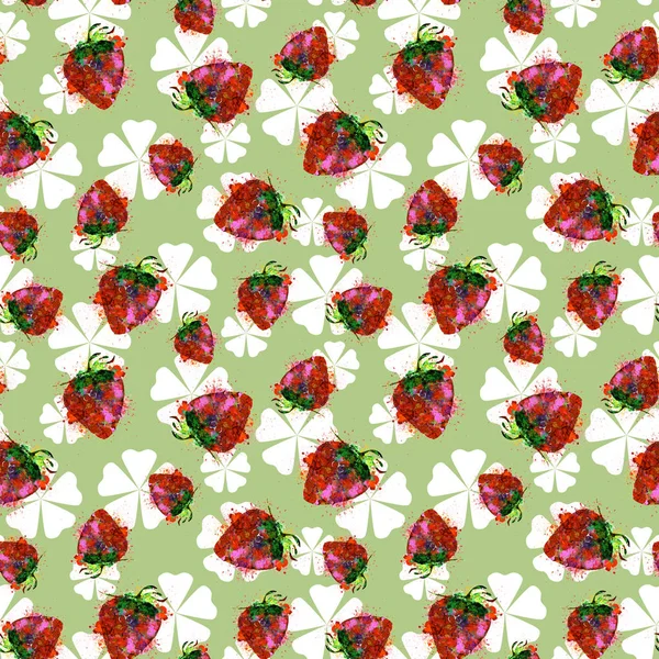 Seamless Rapport Design for Background, Print, and Textile. Summer Berries and Flowers Seamless Pattern on Grassy Background.  Strawberries and Flowers Design for Wallpaper, Gift Wrap, and Fashion.