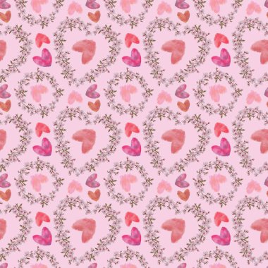 Sulu boya boyalı kalpler kalp şeklinde ve çiçek çelenk Rapport yuvarlak. Çiçek çelenk ve kalpleri Seamless Modeli pembe arka plan bahar. Sevgililer günü, düğün ve özel bir olay için romantik desen.