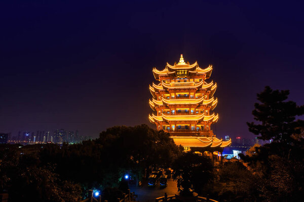Yellow Crane Tower at twilight, the traditional Chinese multi-storey tower located on Sheshan (Snake Hill) in Wuhan, Hubei, China