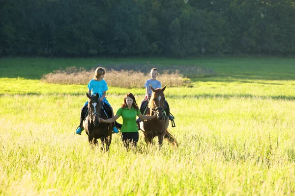 Reitunterricht - Frau führt zwei Pferde mit Jungen — Stockfoto