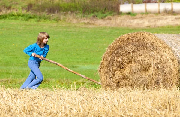 Junge bewegt Heuballen mit Stock — Stockfoto