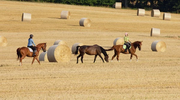 Två kvinnor ridning i ett fält med balar av hö — Stockfoto