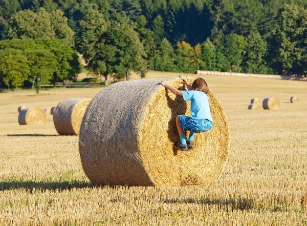 Boy lezení balík sena na poli — Stock fotografie