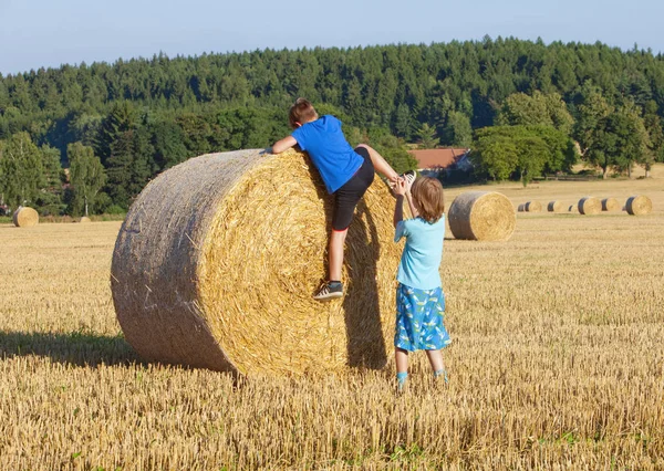 Two Boys Climbing Bale of Hay — Stock Photo, Image