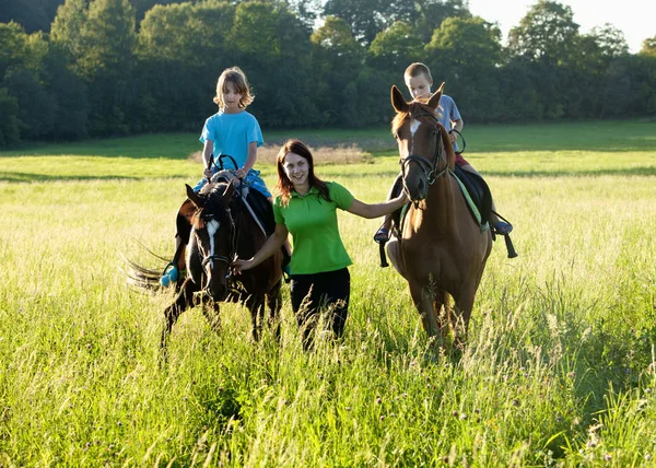 乗馬レッスン - 女性の男の子 2 頭の馬をリード — ストック写真