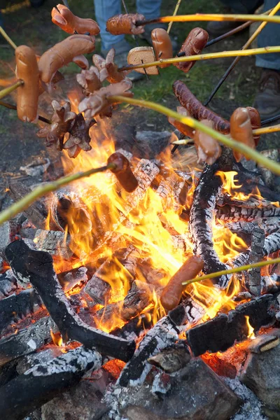 People Grilling Sausages over Camp Fire. — Stock Photo, Image