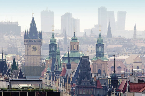 Czech Republic, Prague - Spires of The Old Town and Office Highrises.