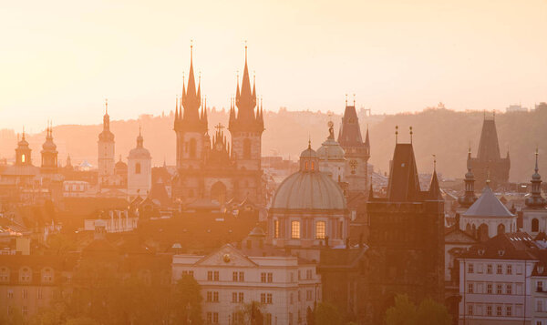 Czech Republic, Prague - Spires of the Old Town at Dawn.