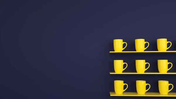 3d rendering. Yellow mugs on shelves on dark blue background. Copy space. Banner
