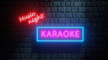 Parlak Gece Karaoke Müzik Gecesi reklamı. Geceleyin tuğla duvarda 3D karaoke neon tabela. Neon tabela, gece pankartı, parlayan reklam panosu.