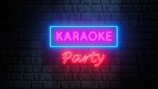 Karaoke Partisi 'nin üç boyutlu ışıklı sokak tabelası tuğla duvarda. Aydınlatılmış afiş, Karaoke Partisi reklamları için parlak gece afişi