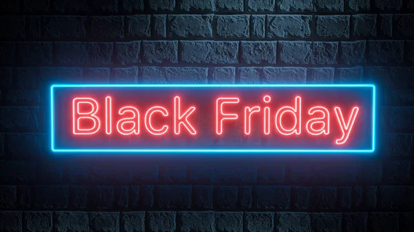 Black Friday - red and blue neon 3d sign on brick wall. Business and shopping banner