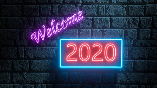 Tuğla duvarda 2020 yılının neon sokak tabelasının 3D çizimi. 2020 neon metin. Yeni Yıl 2020 Yaratıcı Tasarım Konsepti. Parlak tabela, hafif pankart. 3d oluşturma