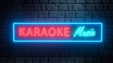 Müzik barları, karaoke kulüpleri, gece kulüpleri ve parti için 3D Karaoke Müzik tabelası. Geceleyin tuğla duvarda Karaoke tabelasını aydınlattı