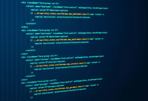React Coding, Computer Language. Javascript. Java source code. Programming code on the screen — Stock Photo, Image