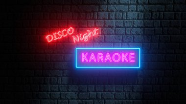 Caddedeki tuğla duvarda parlayan neon ışığın 3D çizimi - Karaoke Disko Gecesi