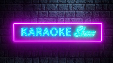 3D Karaoke Şov tabelası, gece duvarda neon şeklinde. Parlak afiş, karaoke reklamları için parlayan reklam panosu