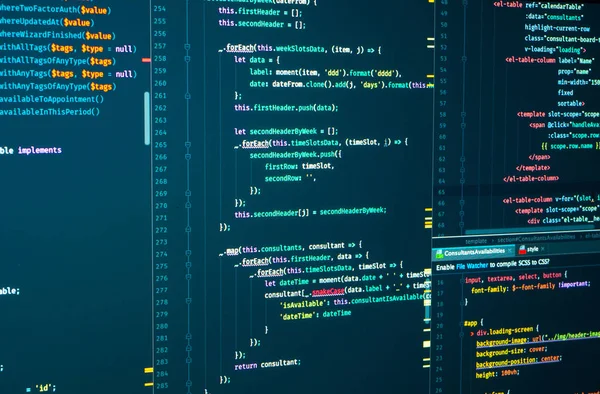 Javascript source development code Мова програмування для розробки програмного забезпечення. Digital java code and marku�� splitting on the screen — стокове фото