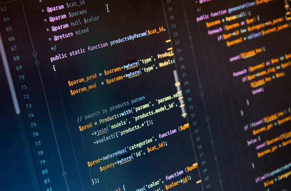 Php code on dark background in code editor — Stock Photo, Image