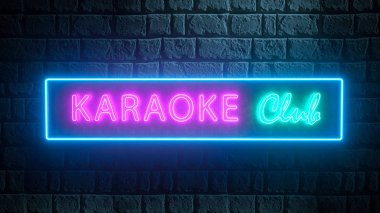 Tuğla duvarda ışıklı neon karaoke kulübü tabelası. Geceleri sokakta tabela var. 3d hazırlayıcı