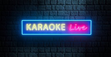 Karaoke neon tarzı yaşıyor. Duvarda 3 boyutlu neon tabela var. Aydınlatılmış afiş, Karaoke Canlı reklamları için parlak gece afişi