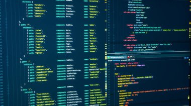 Yazılım geliştirme için Javascript kaynak kodu. Java kod rotaları ve işaretleme ekranda bölünüyor