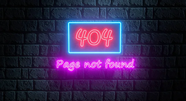 3d illustratie van 404 Pagina niet gevonden bord in neon stijl op bakstenen muur 's nachts. Lichtbanner, gloeiend reclamebord voor verbindingsfout — Stockfoto