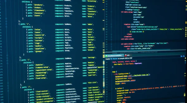 Javascript source code for software development. Java code routes and markup splitting on the screen — Stock Photo, Image