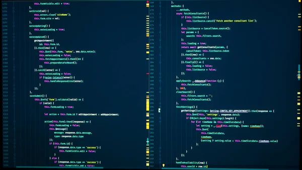 Java code of web page. Javascript programming concept. Frontend java code. Software computer programming code Royaltyfria Stockfoton