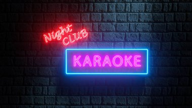 3D neon karaoke gece kulübü tabelası. Parlak afiş, reklam panosu