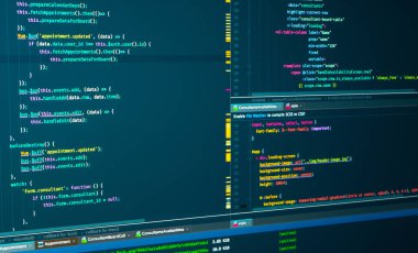 Program kodu Javascript, Html, site Css. Web gelişimi. Programcı iş akışı. Kaynak kod betiği