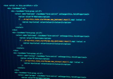 Javascript Tepki Kodu. Yazılım kaynak kodu. Bilgisayar ekranında programlama kodu. Teknoloji arka planı.