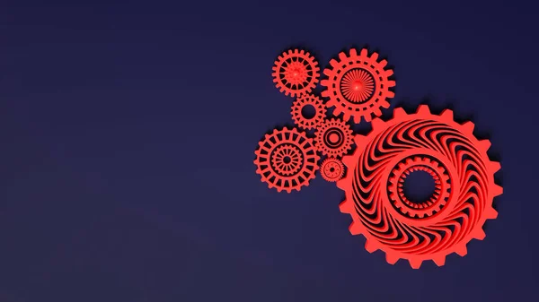 Renderização 3d. Composição de engrenagens vermelhas simbolizando cooperação e trabalho em equipe. Cogwheels para sites ou banners de design de negócios. Lugar para SMS. Engrenagens vermelhas no fundo azul escuro — Fotografia de Stock