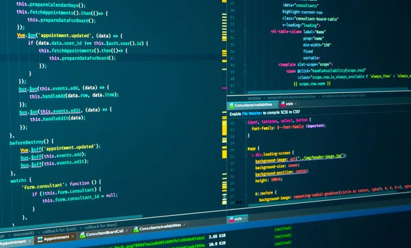 Kód programu Javascript, Html, Css of site. Webový vývoj. Pracovní postup programátora. Skript zdrojového kódu — Stock fotografie