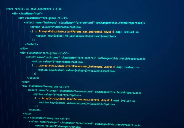Javascript Tepki Kodu. Yazılım kaynak kodu. Bilgisayar ekranında programlama kodu. Teknoloji arka planı.