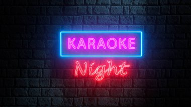 Gece tuğla duvar ve neon ışıklı karaoke gecesi. Parlak gece karaoke barı, parti, disko barı, gece kulübü, canlı müzik şovu reklamları. Canlı müzik