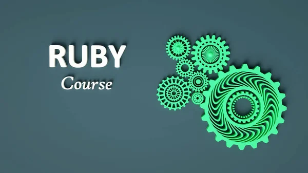 Ilustração 3d da inscrição Curso de rubi com composição de engrenagens verdes entrelaçadas sobre fundo cinza. Aprendendo rubi. Banner conceito Ruby — Fotografia de Stock