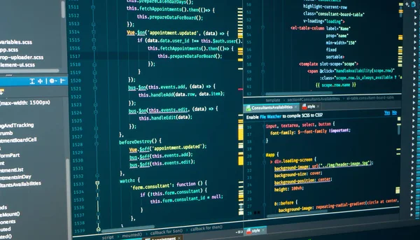 HTML Webコード。マークアップJavaScriptプログラミングコード。ソフトウェア開発のためのスクリプト言語 — ストック写真