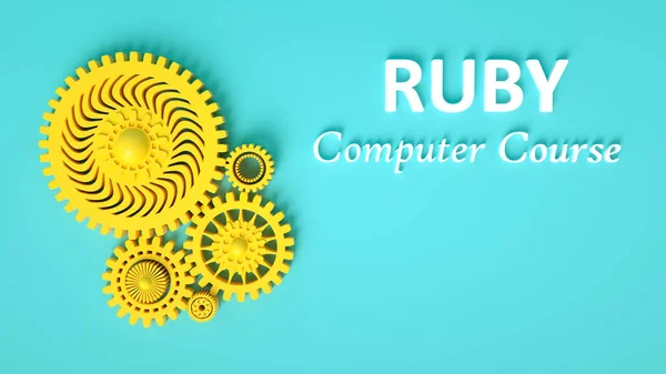 Renderização 3d do curso de computador Ruby com composição de engrenagens em fundo azul. Aprendizagem online. Desenvolvimento de software ou conceito de aplicação — Fotografia de Stock