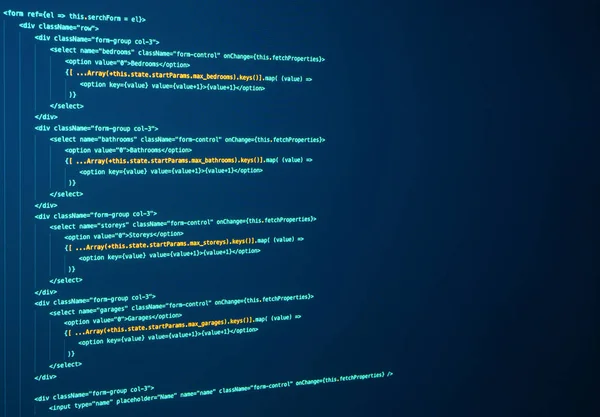 Javascript строки кода для приложения веб-сайта. Язык сценариев для разработки программного обеспечения. Кодирование реакции. Исходный код — стоковое фото