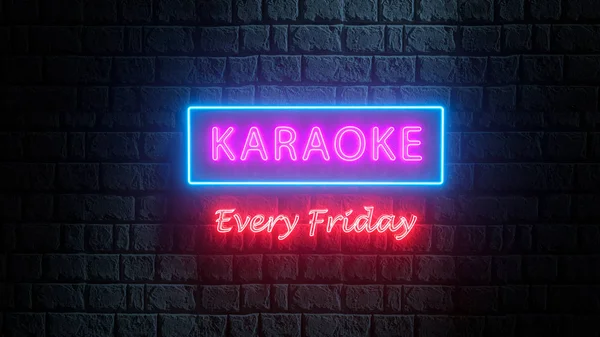 3d neon street banner, signboard, billboard Karaoke Every Friday on brick wall. Освещение ночного клуба живыми музыкальными выступлениями — стоковое фото