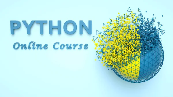 Python online kurs reklamının 3D çizimi. Python dili E-öğrenme. Python bilgisayar kursu afişi. Online eğitim programlanıyor.