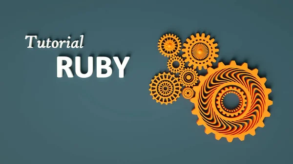 3D renderização do tutorial Ruby com rodas de engrenagem laranja no fundo cinza. Tutorial de programação. Conceito de codificação. Desenvolvimento de aplicações. Língua rubi . — Fotografia de Stock