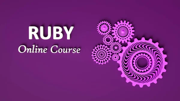 Renderização 3D do curso RUBY Online com rodas dentadas em cor púrpura monocromática. Placa publicitária, banner violeta. Aprendizagem online de rubi. Ilustração 3D . — Fotografia de Stock