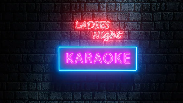 3D Karaoke Ladies natt neon skylt på tegelvägg. Ljusbanner, ljus skylt, glödande skylt. Reklam ljusa natten karaoke bar, fest, disco bar, nattklubb, show. Levande musik. 3d rende Royaltyfria Stockbilder