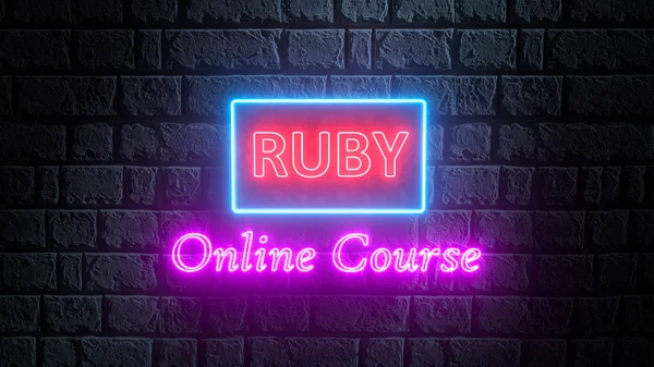 3D απόδοση λαμπερό νέον Ruby Online πορεία σε τοίχο από τούβλα. Φωτεινή πινακίδα, λάϊτ πανό. Η Ρούμπι κερδίζει στο διαδίκτυο. 3D εικονογράφηση — Φωτογραφία Αρχείου